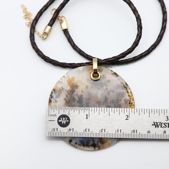 Dendritic Moss Agate stone Necklace Natural Stone Pendant 14K Yellow Gold & Leat - Picture 5 of 13